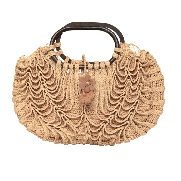 JAMIN PUECH Raffia Bag Sachel Tan Beige Brown Top Handle Beads Tie - Picture 1 of 5